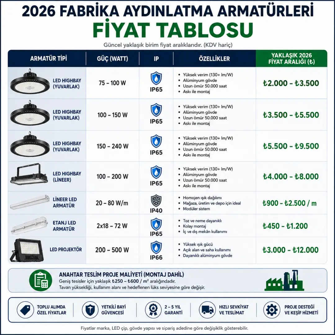 2026 LED fabrika aydınlatma armatürleri fiyat tablosu&nbsp;