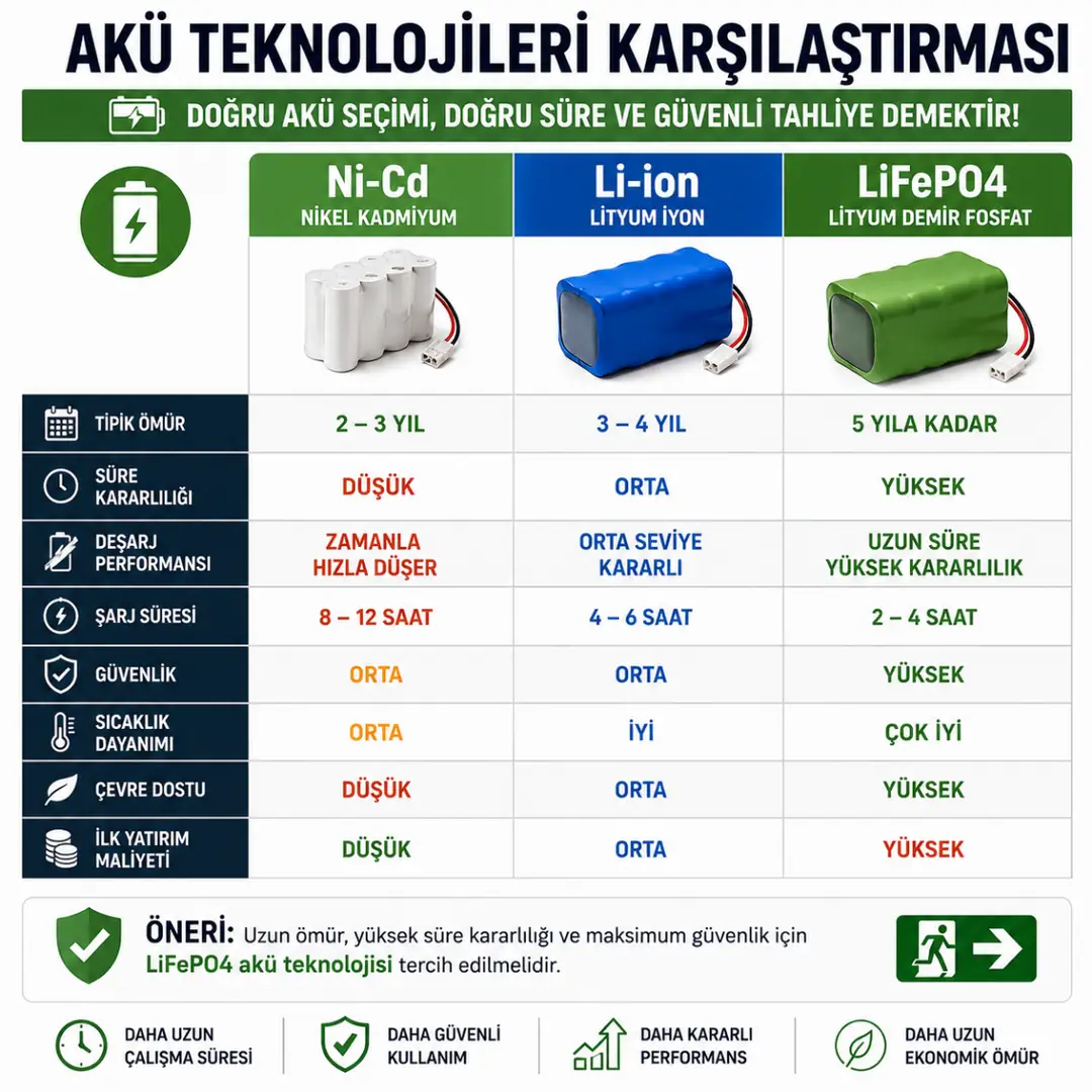 NiCd Li-ion ve LiFePO4 acil aydınlatma akü karşılaştırması&nbsp;