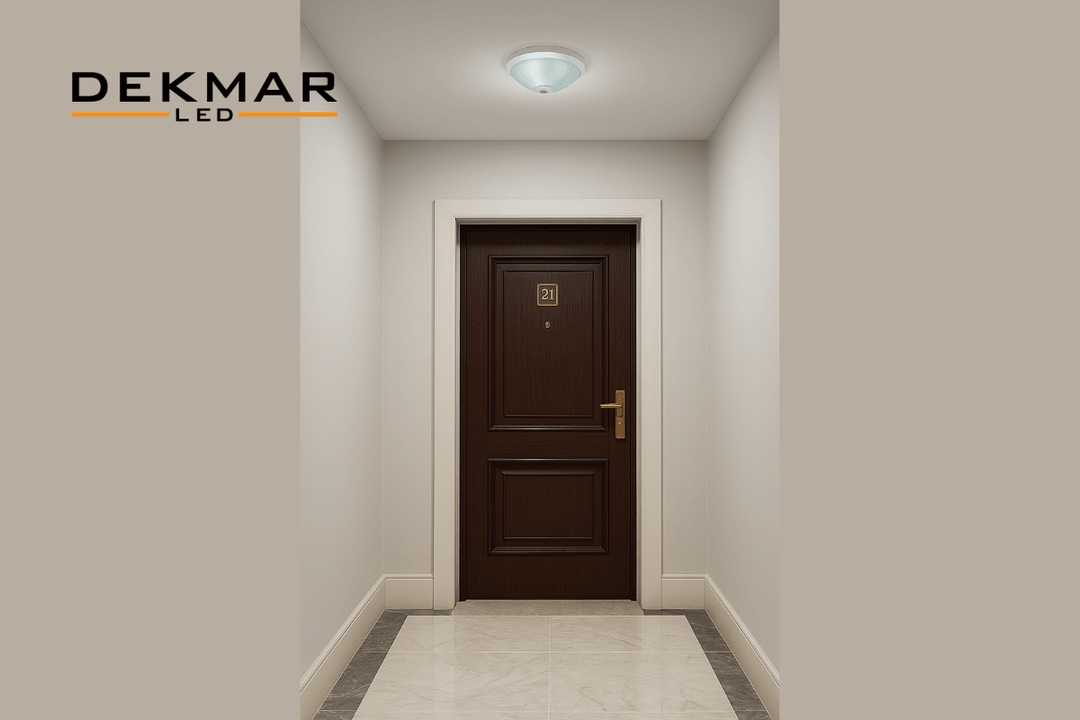 Pelsan Tio sensörlü 2xE27 LED armatür, apartman içi ve koridor aydınlatması için ideal ekonomik çözüm sunar. 
