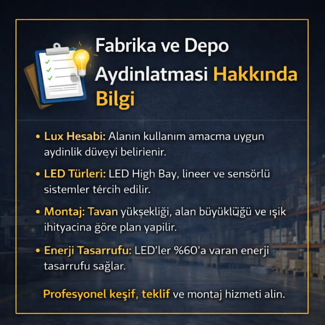 Fabrika ve depo aydınlatması teknik özellikler mini bilgi kutusu