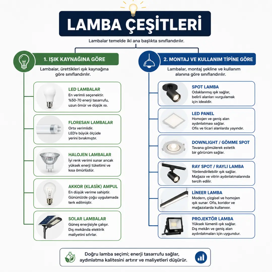 Işık kaynağına ve montaj tipine göre lamba çeşitleri sınıflandırma şeması&nbsp;