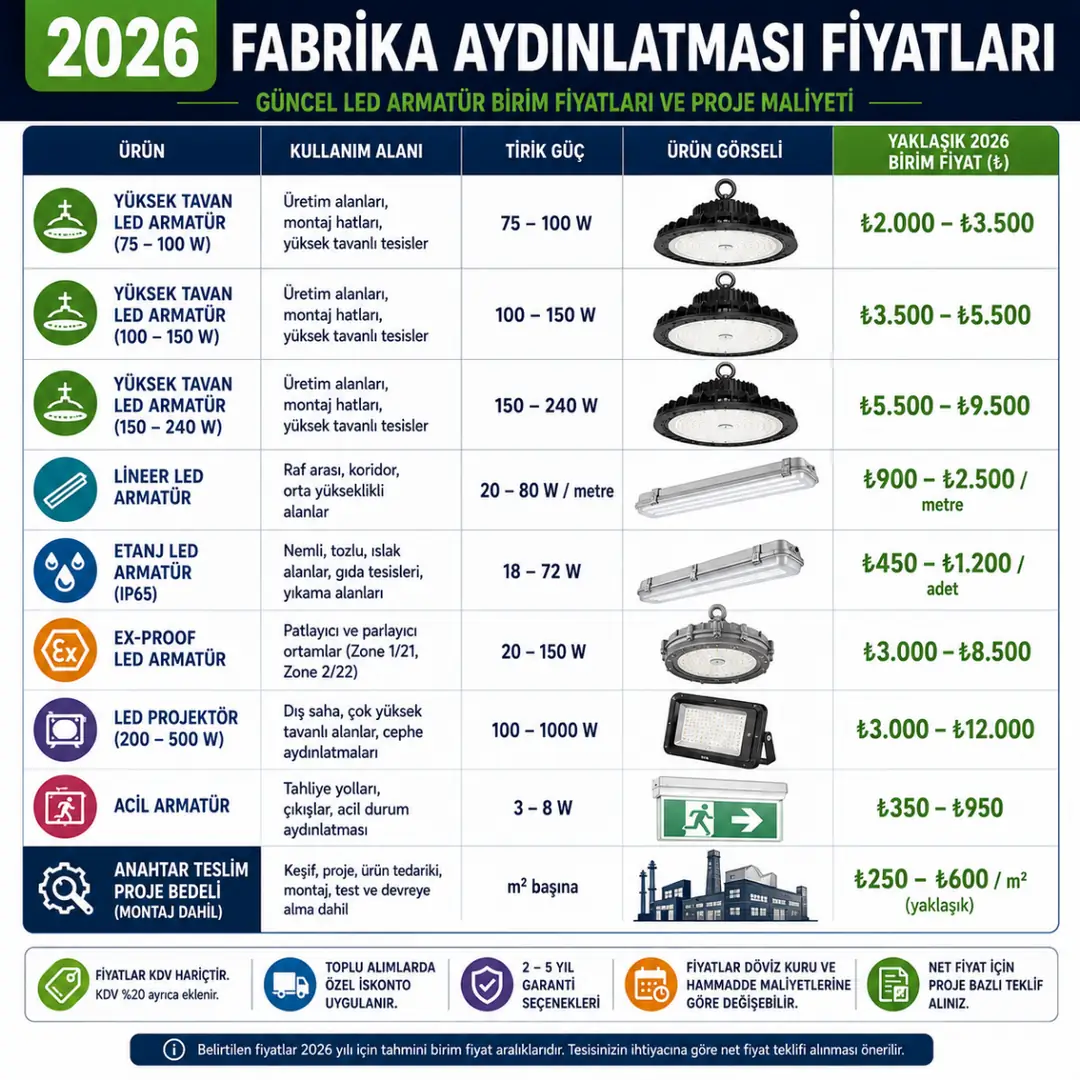 2026 fabrika LED aydınlatma armatür fiyatları tablosu&nbsp;