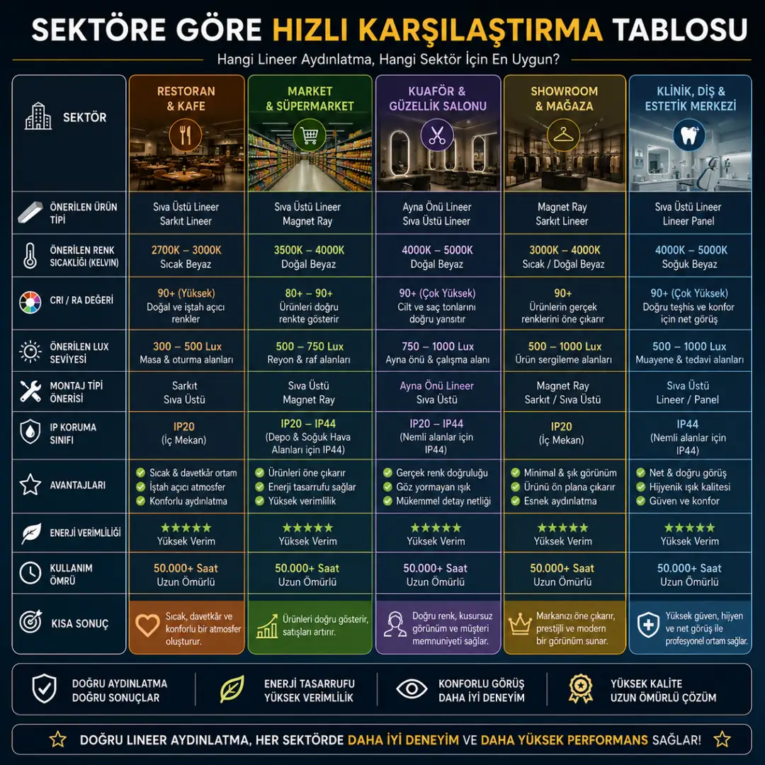 Sektörlere göre lineer aydınlatma seçim tablosu&nbsp;