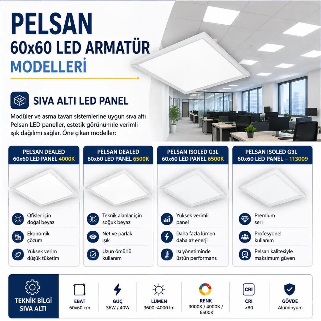 Pelsan 60x60 LED panel modelleri; Dealed ve Isoled G3L serileriyle ofis, okul ve hastaneler için sıva altı aydınlatma çözümü.&nbsp;