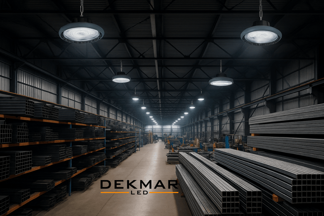 LED yüksek tavan armatürlerle aydınlatılmış metal profil ve çelik malzeme dolu büyük bir endüstriyel fabrika deposu görünümü. 