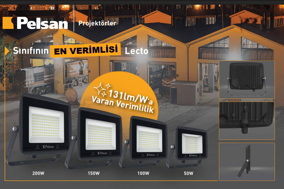 Pelsan Lecto LED projektör çeşitleri ve IP66 korumalı dış mekan kullanımını yağmur altında gösteren aydınlatma görseli. 