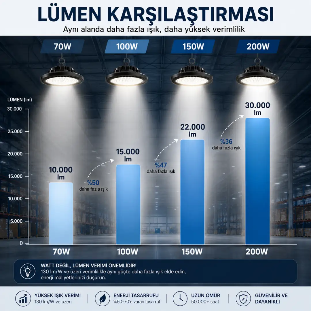 100W yüksek tavan armatürü lümen karşılaştırması&nbsp;