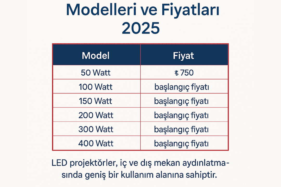 LED projektör fiyat tablosu 2025 – watt bazlı güncel fiyatlar. 