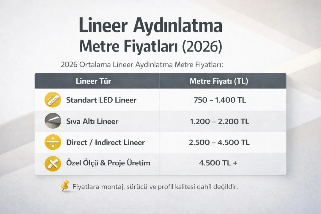 Lineer aydınlatma metre fiyatları 2026 tablosu, standart, sıva altı ve direct indirect lineer LED fiyat karşılaştırması.