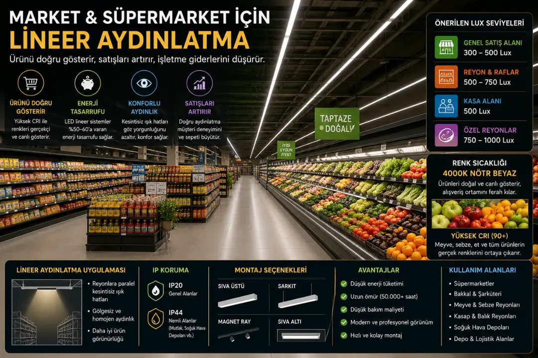 Market reyonlarında lineer LED aydınlatma sistemi&nbsp;