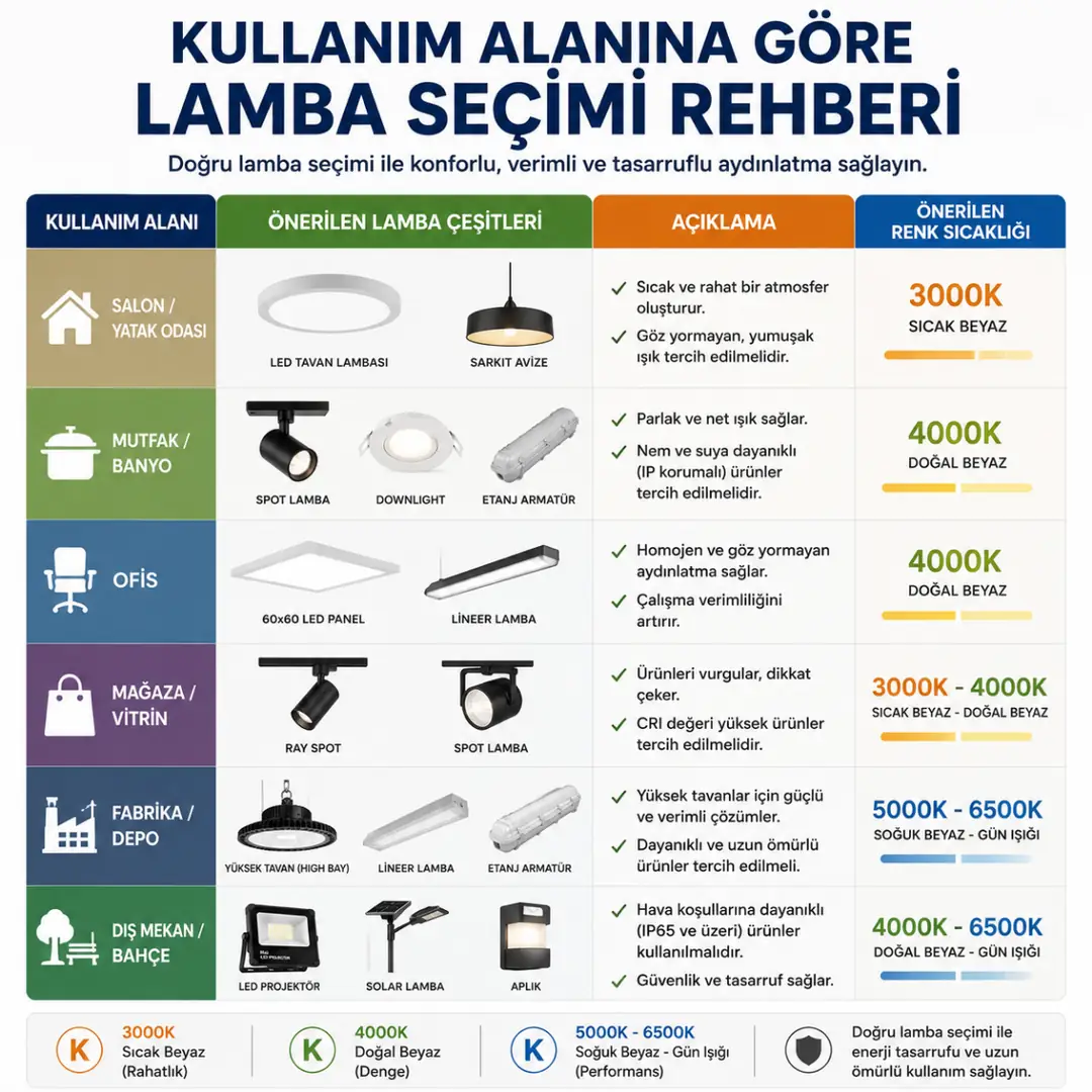 Mekâna göre önerilen lamba çeşitleri seçim tablosu&nbsp;