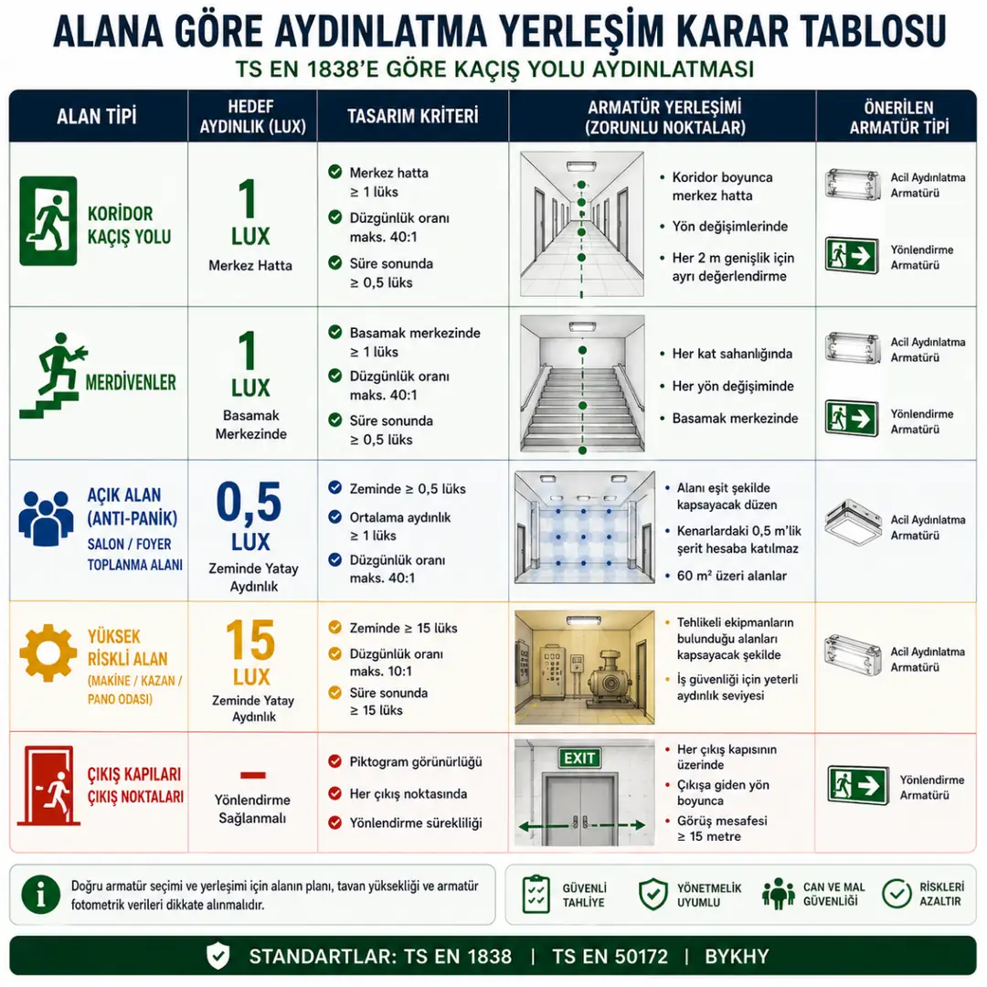 Alan tipine göre kaçış yolu aydınlatması tasarım karar tablosu