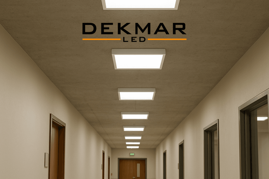 Hastane koridorunda homojen ışık sağlayan 60x60 kare LED armatür, hijyenik ve flicker-free ışık kalitesi