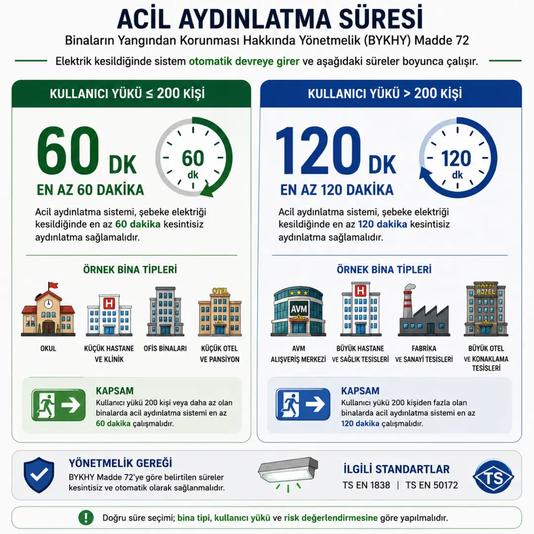 60 dakika ve 120 dakika acil aydınlatma süre karşılaştırması&nbsp;