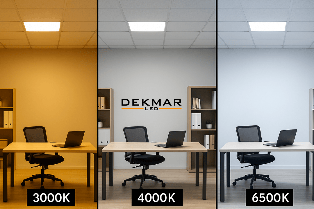 3000K, 4000K ve 6500K LED panel renk sıcaklıklarının ortam etkilerini gösteren karşılaştırmalı görsel. 