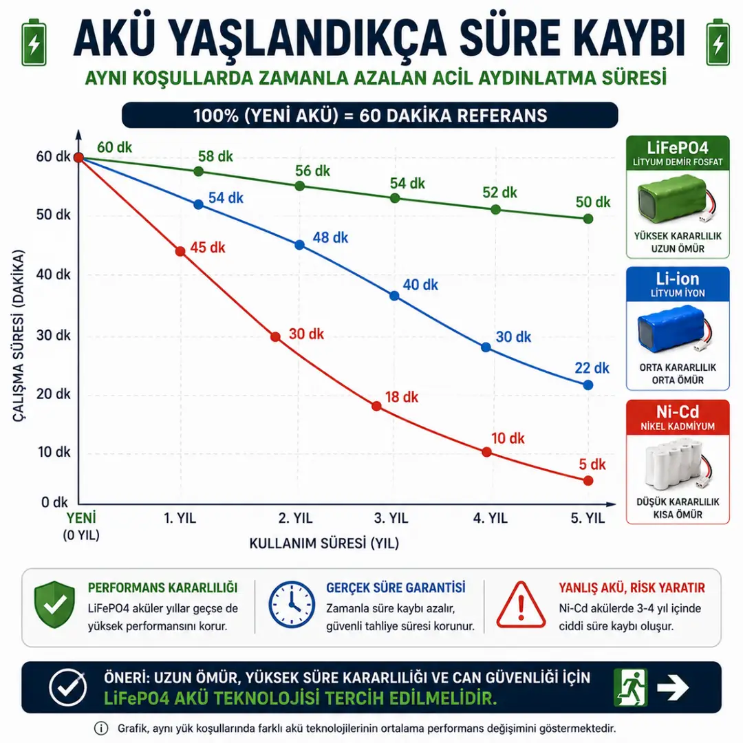 Akü yaşlandıkça acil aydınlatma süresinin azalması&nbsp;