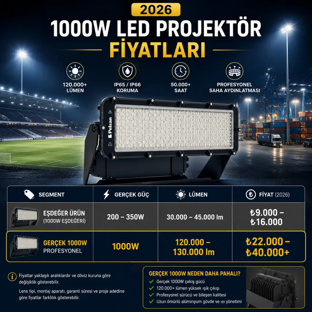 2026 yılı 1000W LED projektör fiyatları ve lümen karşılaştırma tablosu&nbsp;