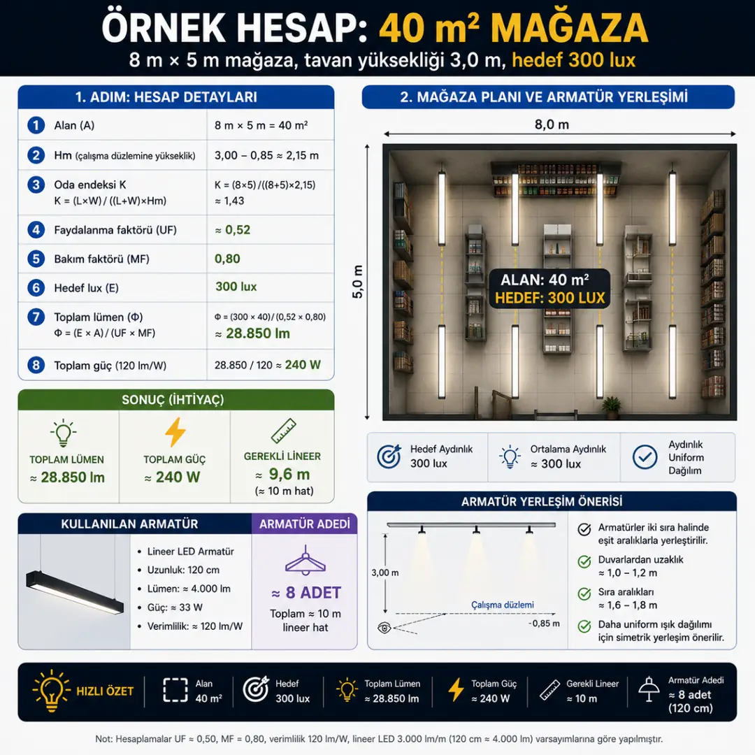 40 metrekare mağaza lineer aydınlatma hesabı&nbsp;