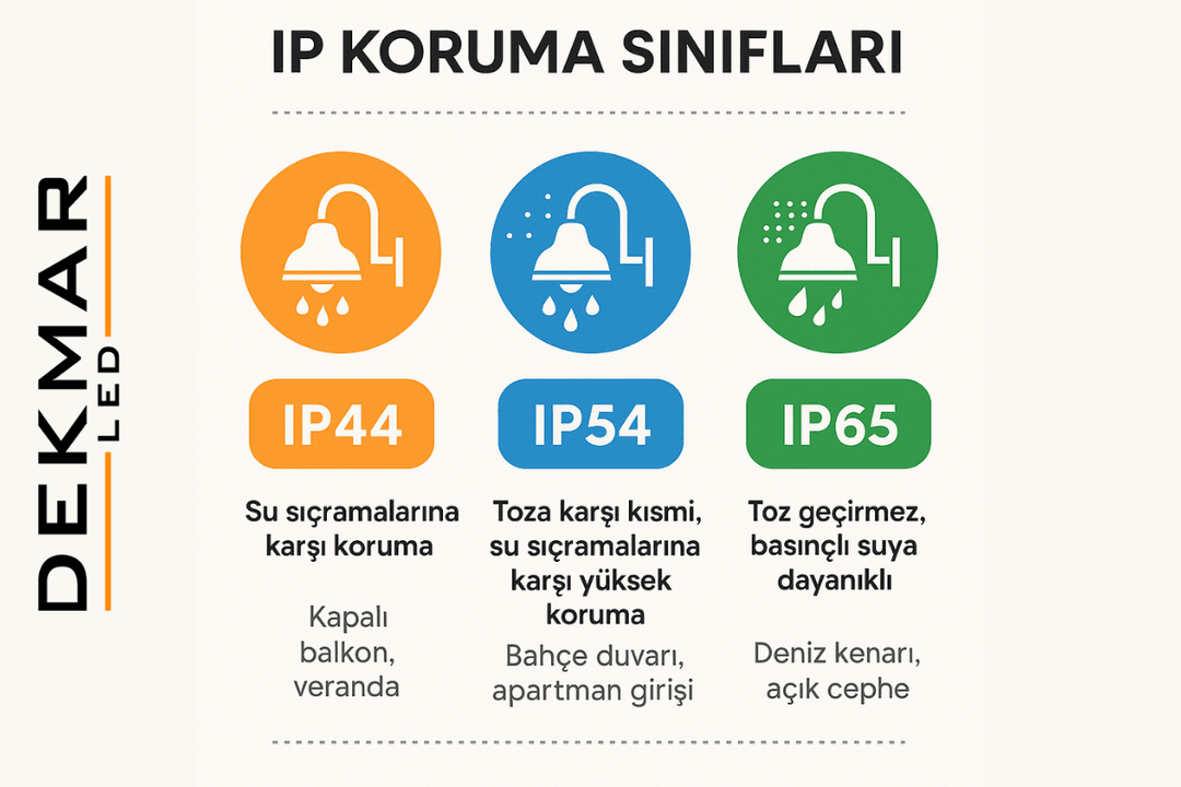 Dış mekan aydınlatmada IP44, IP54 ve IP65 koruma sınıflarının farklarını gösteren infografik – 2025. 