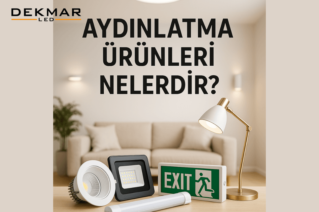 LED, projektör, acil armatür ve spot lamba gibi aydınlatma ürünlerini gösteren 2025 teknik içerik görseli 