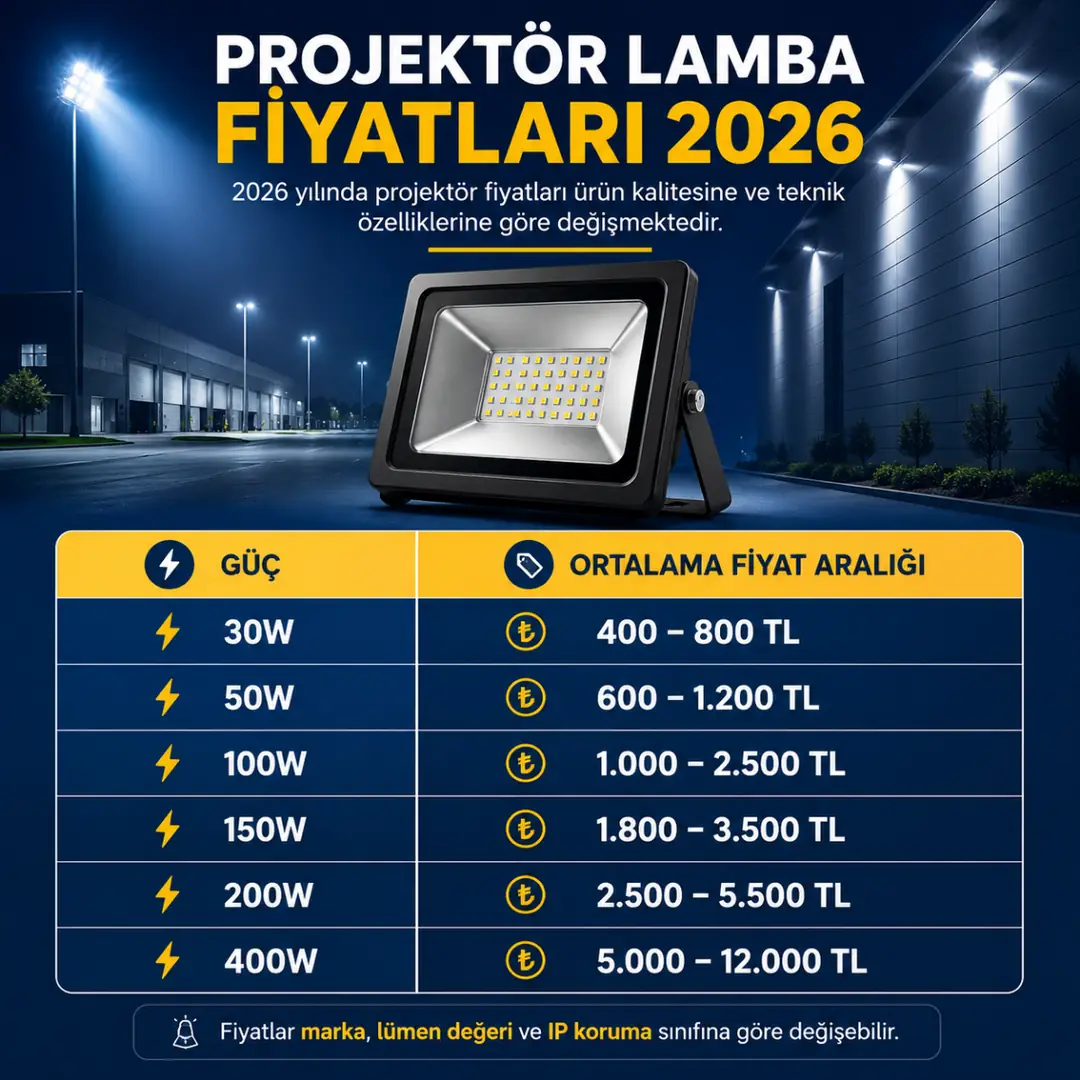 2026 projektör lamba fiyat tablosu 30W, 50W, 100W, 150W, 200W ve 400W LED projektörlerin ortalama fiyat aralıkları&nbsp;