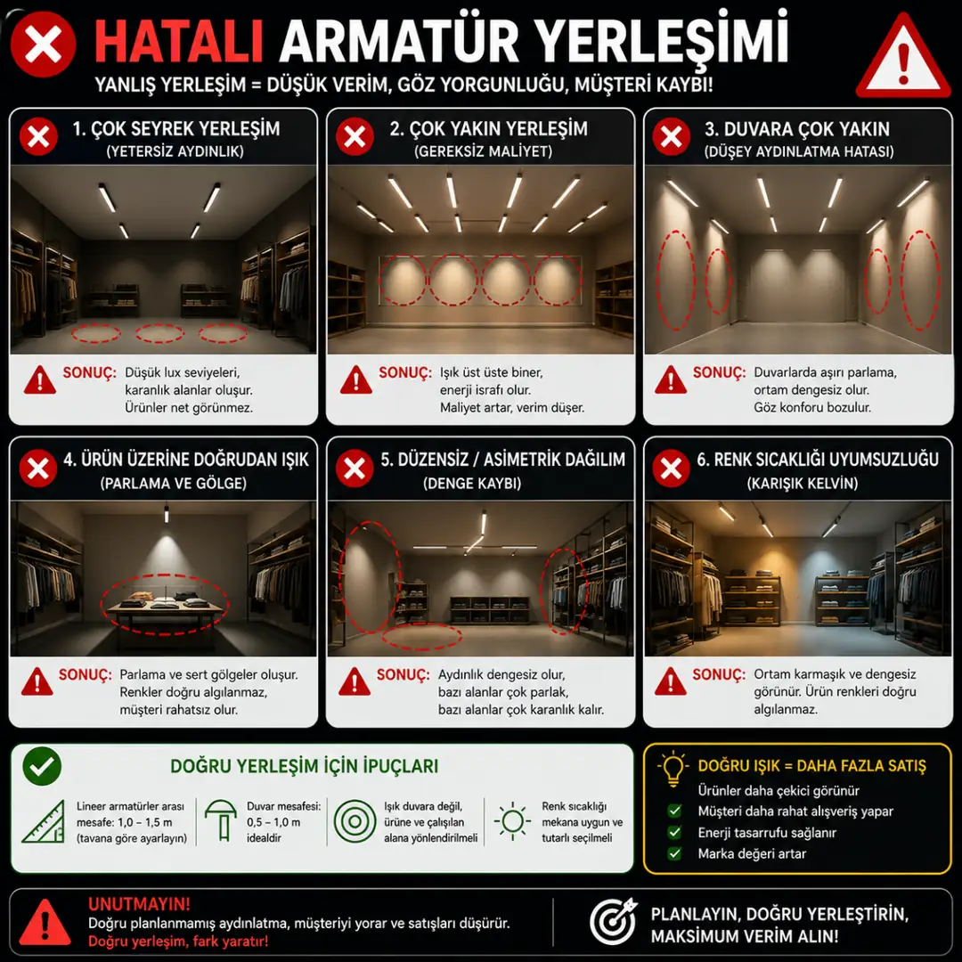 Doğru ve yanlış lineer armatür yerleşimi&nbsp;