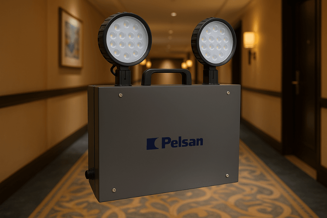 Otel koridorunda kullanılan Pelsan spot başlıklı LED acil aydınlatma armatürü – IP65 dayanıklı, yüksek performanslı çözüm. 