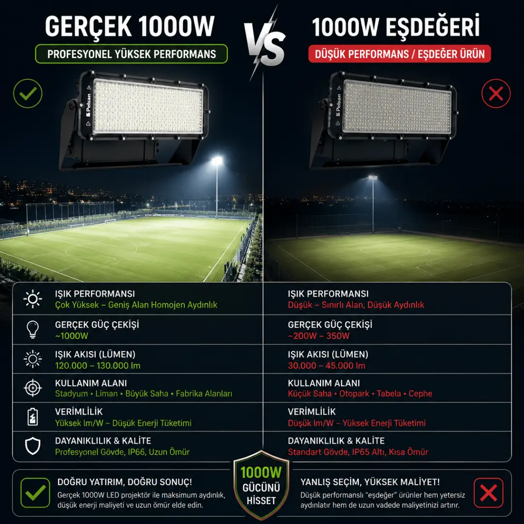 Gerçek 1000W LED projektör ile eşdeğer ürün karşılaştırması&nbsp;