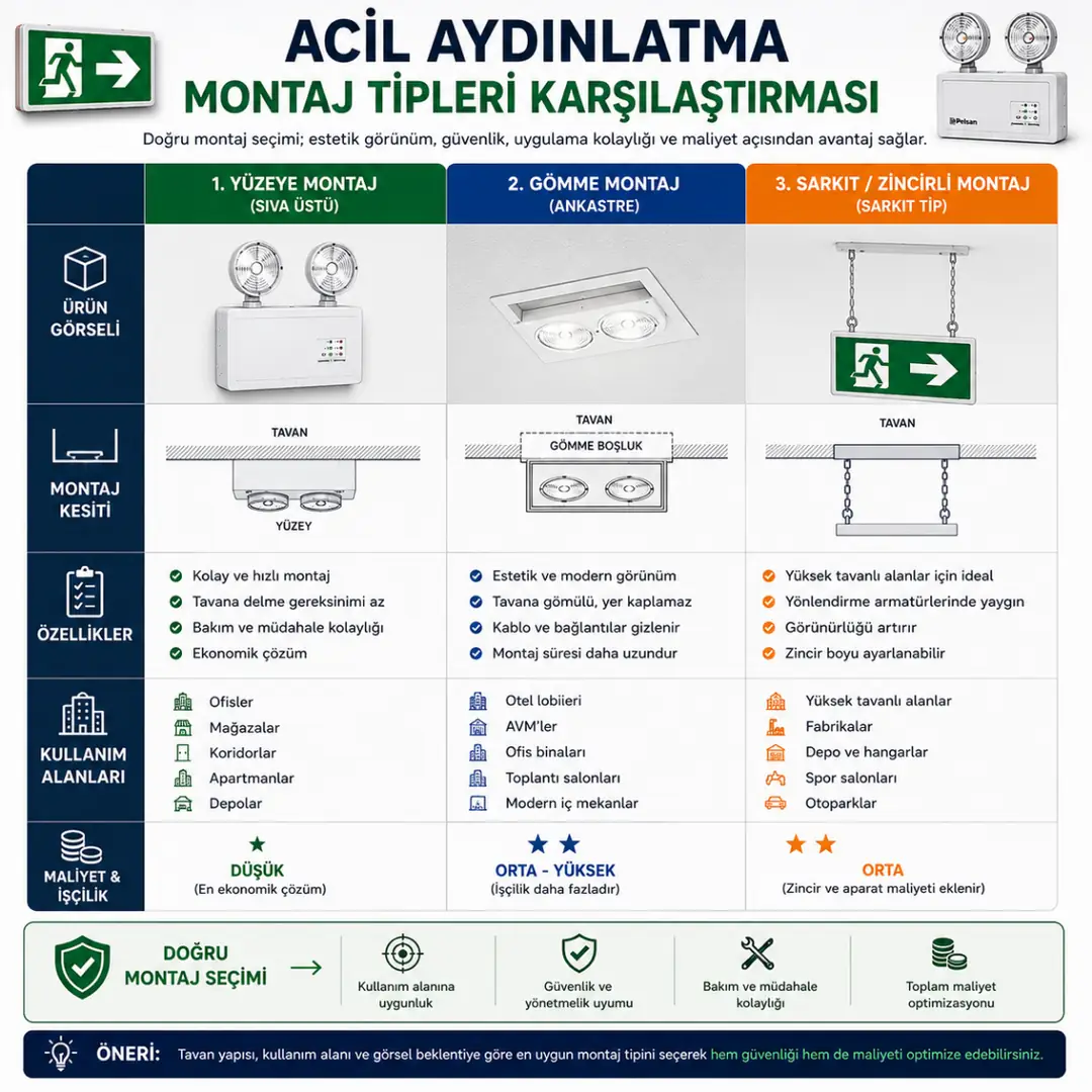Acil aydınlatma montaj türleri karşılaştırması&nbsp;