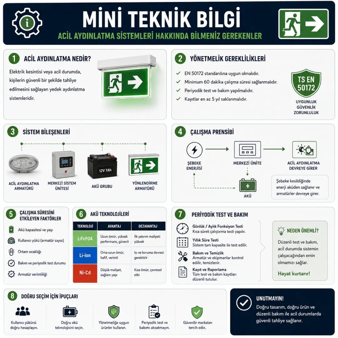 Acil aydınlatma süreleri ve teknik bilgiler özeti&nbsp;