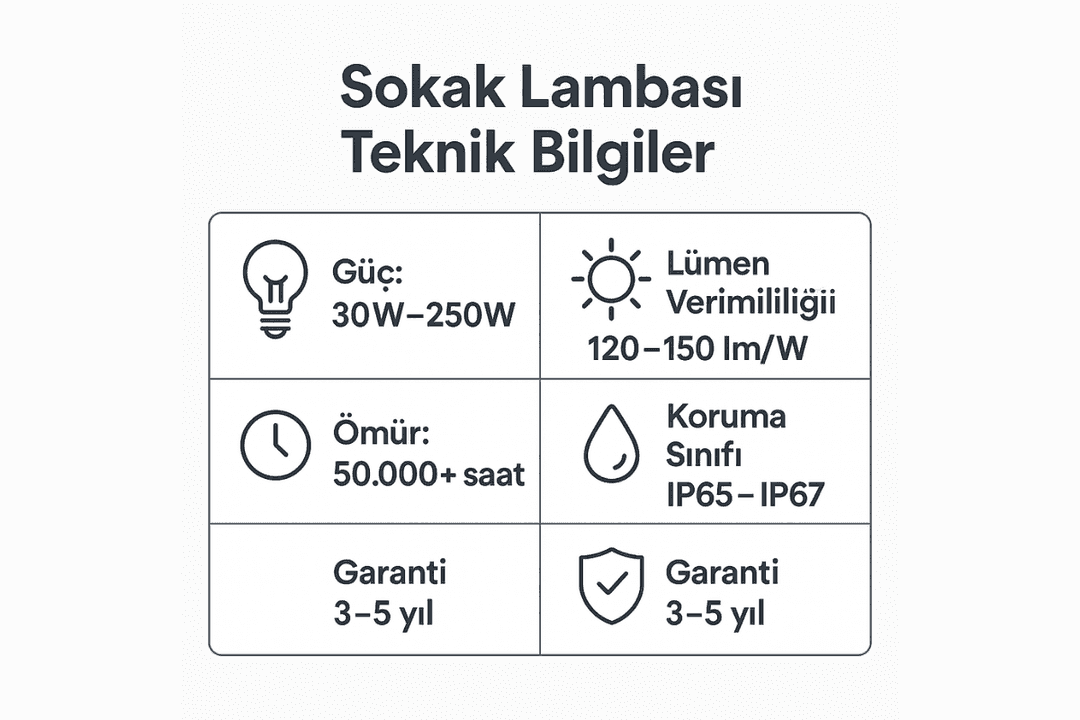 Sokak lambası teknik bilgiler: watt, lümen, ömür, IP sınıfı ve garanti süresi. 