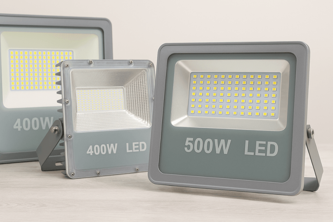 500W ve 400W LED projektörlerin fiziksel ve LED panel yapılarını karşılaştırmalı olarak gösteren yüksek kaliteli görsel.