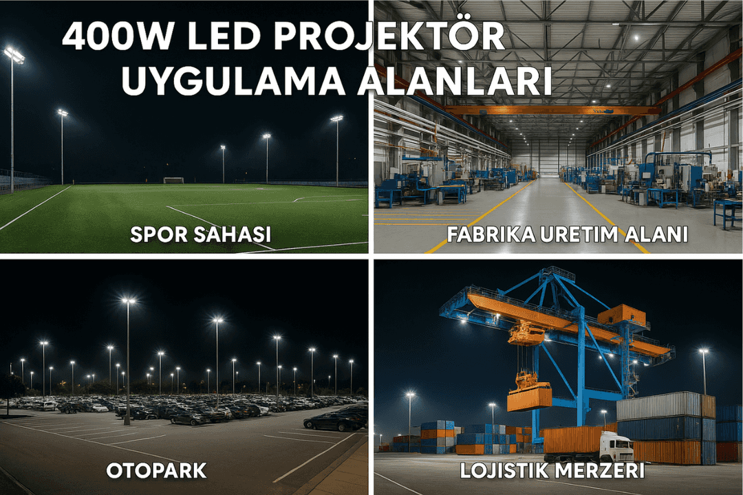 400W LED projektör uygulama alanları – spor sahası, fabrika, otopark ve lojistik merkezleri. 