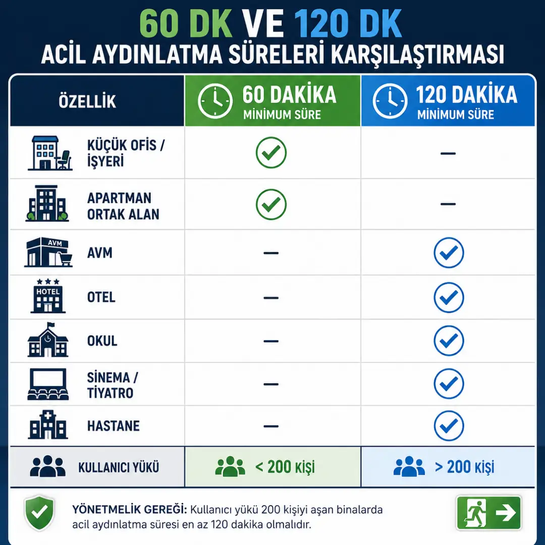 60 dakika ve 120 dakika acil aydınlatma süreleri karşılaştırması&nbsp;