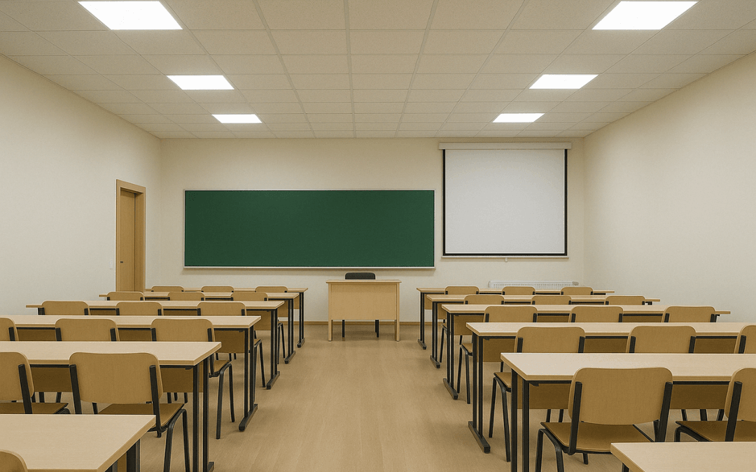 Modern üniversite dersliğinde sıva altı LED aydınlatma ile enerji verimli, sade ve şık tavan tasarımı – DekMar LED örnek uygulama.