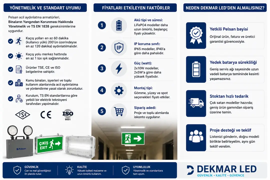Pelsan acil aydınlatma armatürlerinde yönetmelik uyumu, fiyat faktörleri ve Dekmar LED satın alma avantajları.&nbsp;
