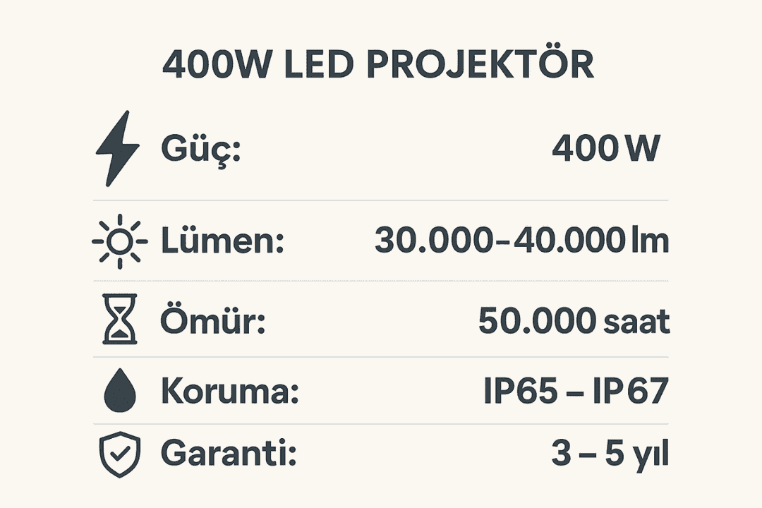 400W LED projektör teknik bilgiler – watt, lümen, ömür, IP koruma sınıfı ve garanti. 