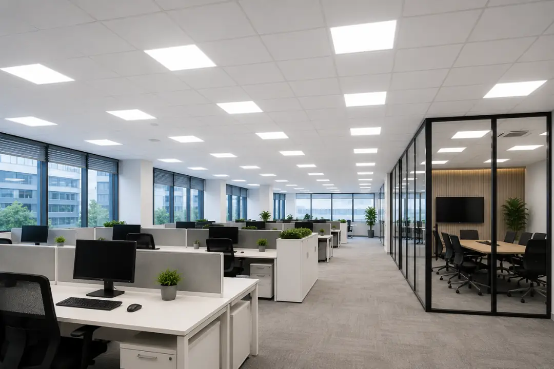 Pelsan 60x60 LED panel armatürlerle aydınlatılmış modern ofis tavanı; homojen ışık dağılımı ve enerji verimli çalışma ortamı.&nbsp;