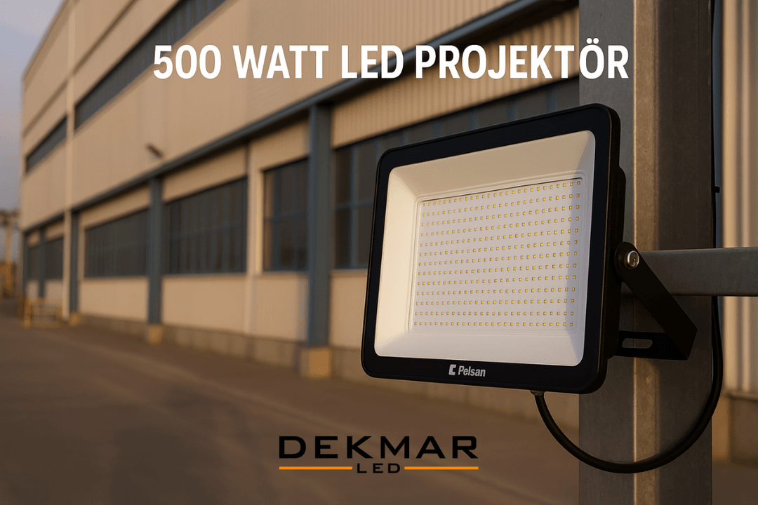 500 Watt LED projektör, IP65 korumalı alüminyum gövdesiyle fabrika dış cephesine monte edilmiş, yüksek verimli aydınlatma sağlar. 
