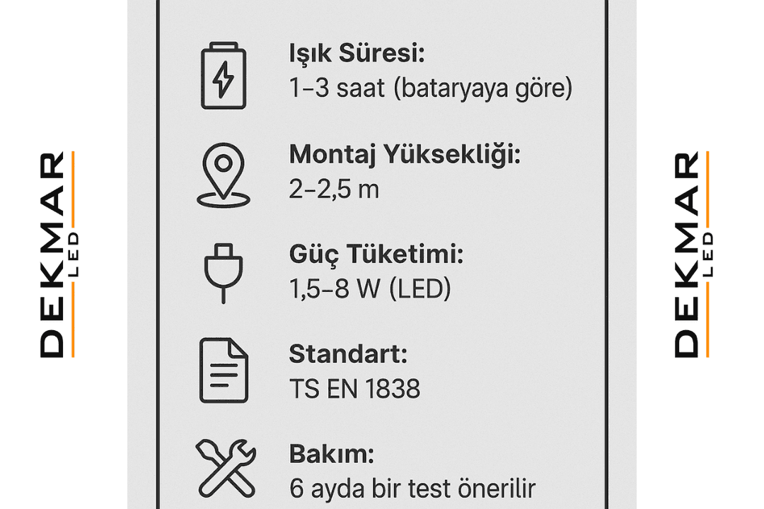 Acil durum aydınlatması teknik verileri: ışık süresi, montaj yüksekliği, güç tüketimi, standart ve bakım önerileri. 