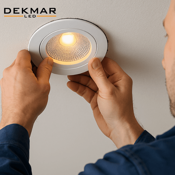 Elektrik ustası, LED spot lambayı tavana monte ederken armatürü sıkıca yerine yerleştirerek kurulum işlemini tamamlıyor. 