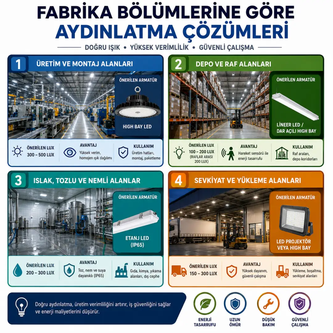 Fabrika bölümlerine göre LED aydınlatma sistemleri karşılaştırması&nbsp;