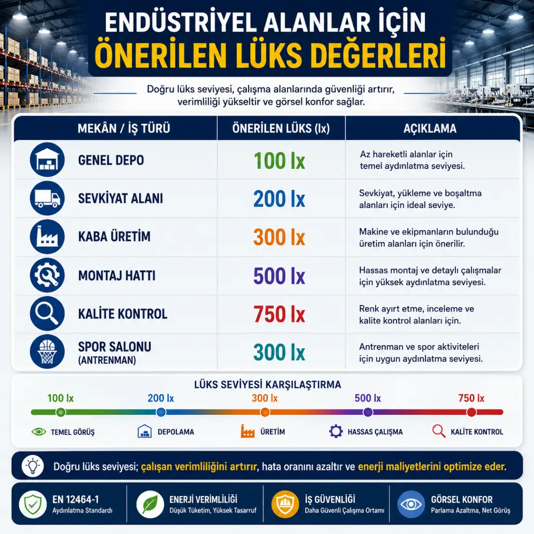 Depo üretim montaj hattı ve kalite kontrol alanları için önerilen lüks değerleri karşılaştırma tablosu 2026&nbsp;