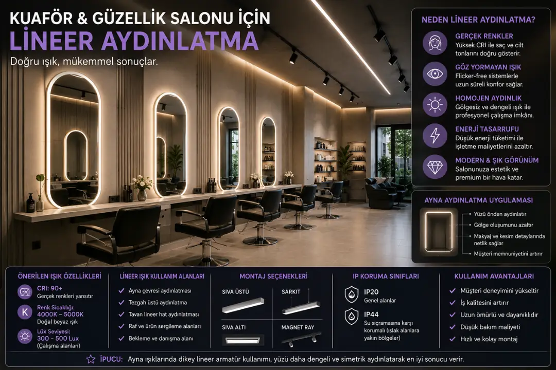 Kuaför salonunda ayna çevresi lineer LED aydınlatma&nbsp;