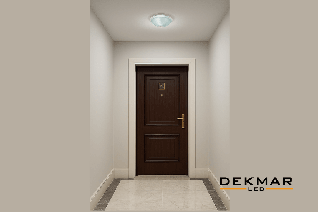 Apartman girişi için ideal Pelsan Tio 2xE27 sensörlü tavan armatürü, hareket algılamalı enerji tasarruflu aydınlatma çözümü. 