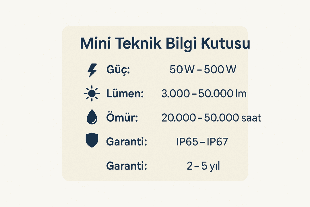 LED projektör teknik bilgiler: watt, lümen, ömür, IP koruma sınıfı ve garanti süresi. 