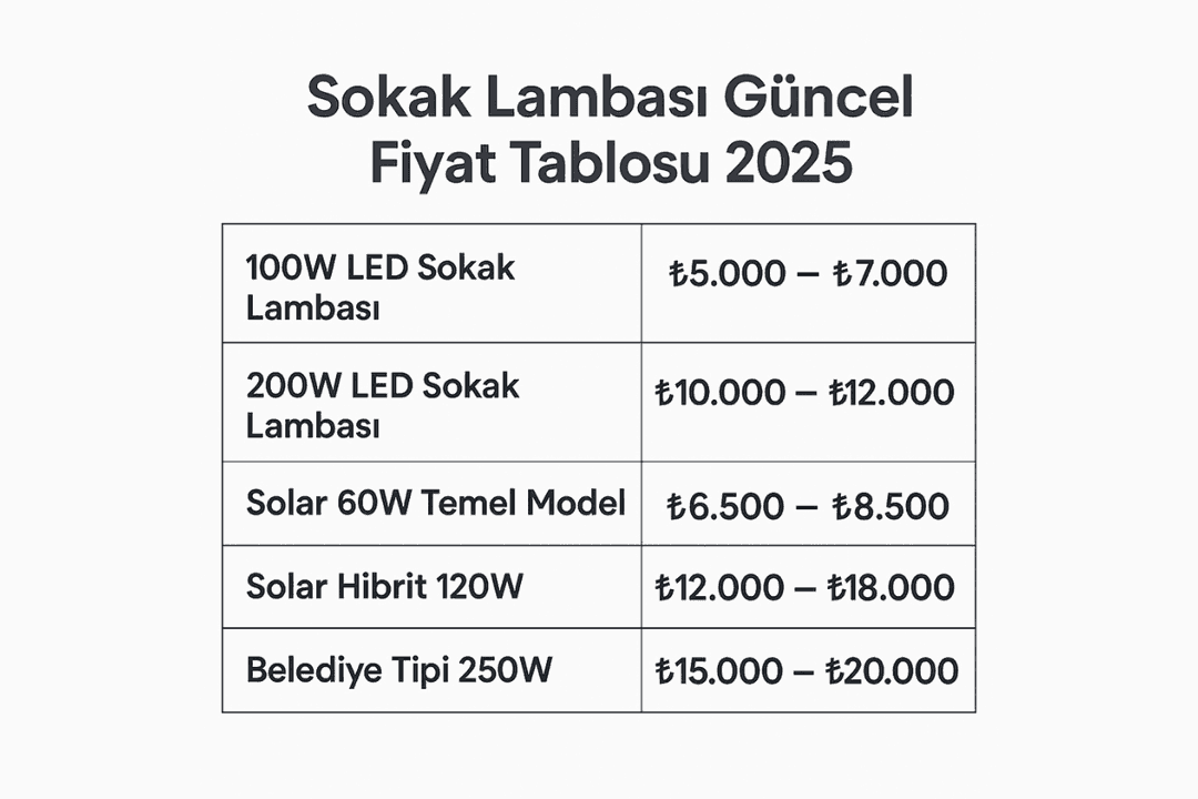Sokak lambası fiyat tablosu 2025: LED, solar ve belediye tipi modellerin fiyat aralıkları. 