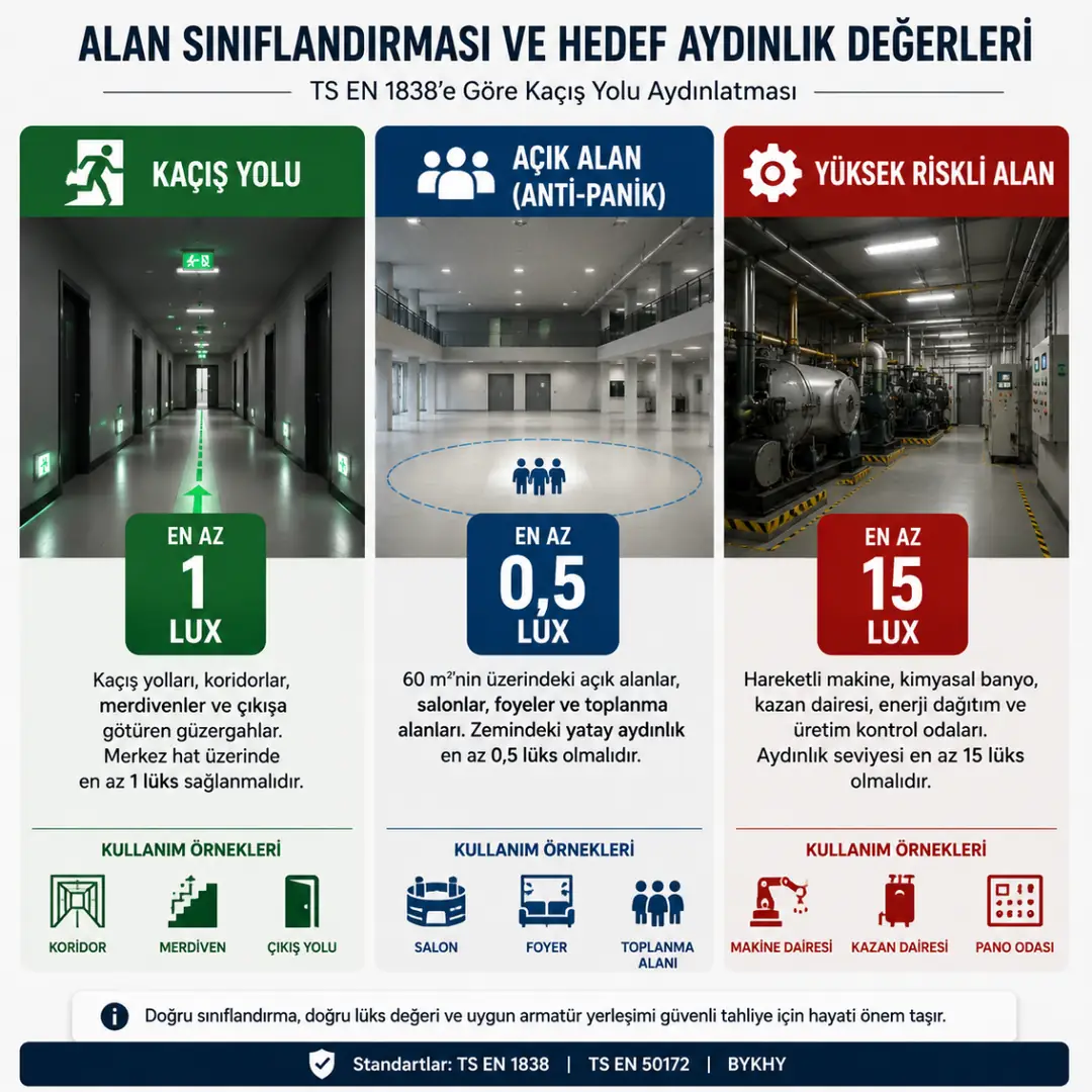 Kaçış yolu açık alan ve yüksek riskli alan aydınlatma değerleri karşılaştırması&nbsp;