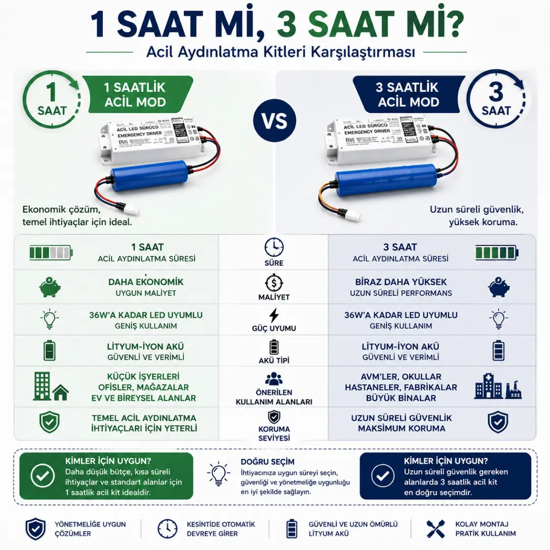 1 saat ve 3 saat LED acil aydınlatma kitleri karşılaştırması&nbsp;