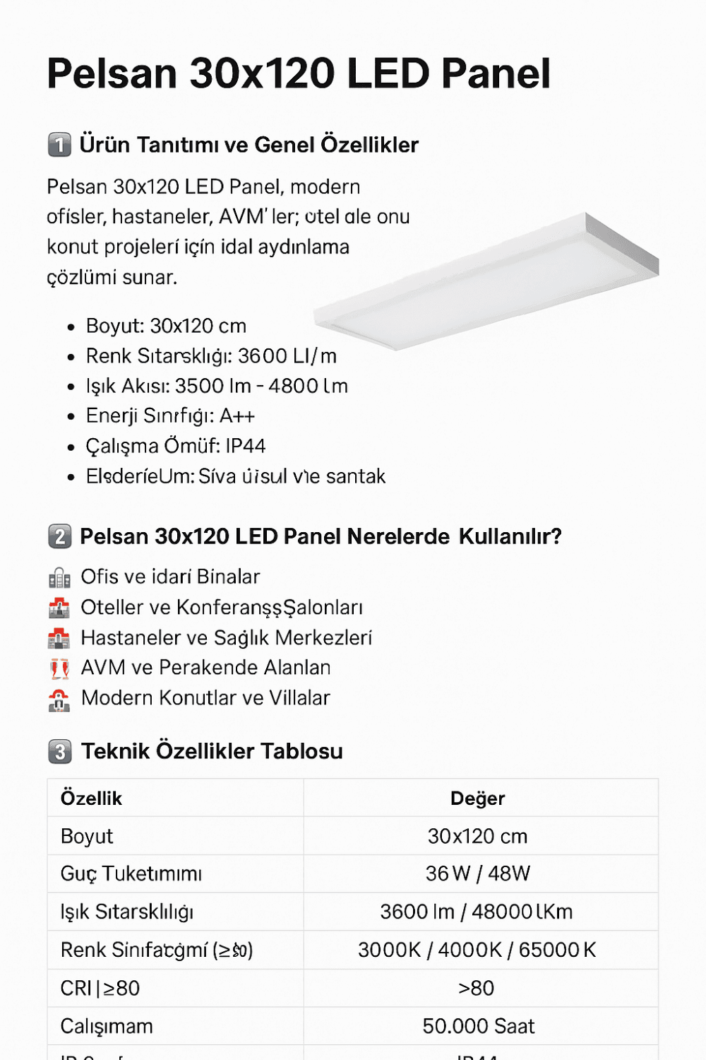 Pelsan 30x120 LED panel ile ofis, otel ve konutlarda modern, enerji tasarruflu ve uzun ömürlü aydınlatma sağlar. 